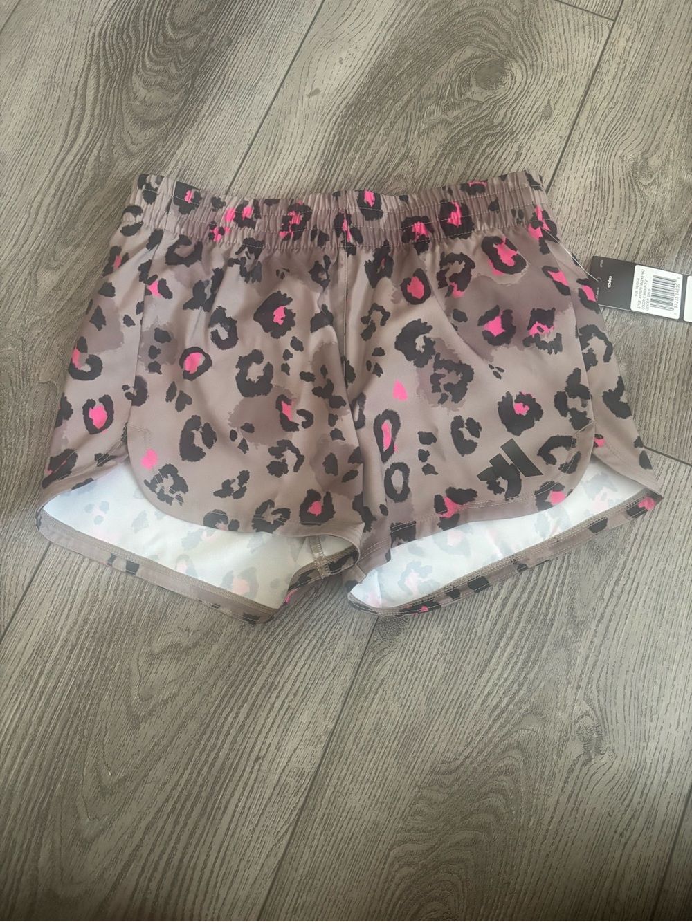 Adidas girls Leopard Print Running Shorts - Taupe with Black & Pink Accents